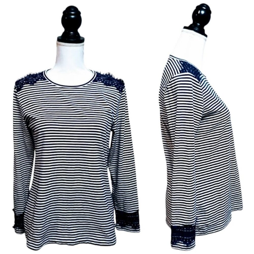 BROOKS BROTHERS Red Fleece Top, Black White Stripe Lace Minimalist Preppy, M